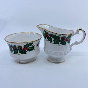 vintage queens yuletide cream sugar bowl holly berries pinecone design